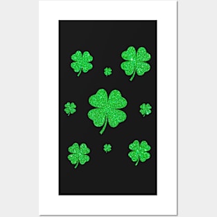 St Patricks Day, 4 Leaf Bright Green Faux Glitter Clovers Posters and Art